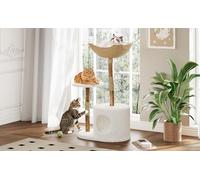 Modern Cat Tree, 59-Inch Large Cat Tower with Condo & Basket, Natural Wood & Rattan, Multi-Level Cat Furniture for Multiple Cats, Stable Kitty Climbing Tree for Indoor Cats
