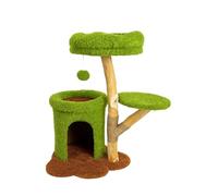 Modern Cat Tree Tower Condo for Indoor Cats with Plush Green Perches, Hideout Cave, Scratching Post, Dangling Ball, Natural Wood Posts, Green with Brown Base