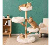 Modern Cat Tree Tower - Real Wood Aesthetic Cat Tree with Sisal Posts and Cushioned Platforms - 48” Boho Wooden Design for Indoor Version 2