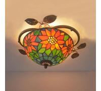 Modern Ceiling Light Pendant Bowl Shaped Vintage Glass Rustic Flush Mount Sunflower Tiffany Lamp with Metal Leaf Decoration - 16" Red