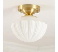 Modern Ceiling Light Pendant Vintage Ribbed Glass Brass Semi Flush Mount Traditional Schoolhouse Fixture Mid-Century Gold Lamp Milk Glass Flush Mount - 8.6"