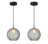 Modern Ceiling Lights Single Smoke Glass Hanging Chandelier Black Large Globe Pendant Vintage Ribbed Glass Pendant Farmhouse Flush Mount Hanging Fixture 2 Pack