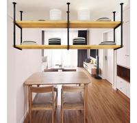 Modern Ceiling Mounted Rack - 2 Tier Overhead Storage Shelf, Adjustable 60-150cm Wooden Hanging Shelves for Kitchen, Pots, Pans, Plants & Decorative Items (120x30x80cm)