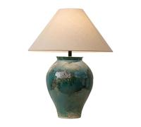 Modern Ceramic Pot Table Lamp Green Glazed Porcelain Base Tapered Fabric Shade Bedside Lighting for Living Room Bedroom Office Decor