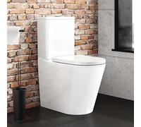 Modern Ceramic Round D-Shape Rimless Close Coupled Toilet Pan, Cistern & Soft Close Heavy Duty Seat
