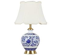 Modern Ceramic Table Lamp - Contemporary Desk Light with Fabric Drum Shade for Bedroom Living Room Office College Dorm - Stylish White/Blue Decor for Coffee Table & Bookcase