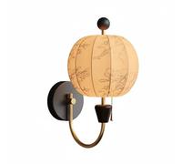 Modern Chinese Style Wall Sconce, Oriental Fabric Lantern Wall Lamp with Floral Ink Painting Globe Shade, Black & Brass Accent Light Fixture for Bedroom, Living Room, Tea Room