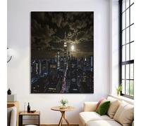 Modern City Oil Painting On Canvas Print Posters Large Black Moon And Sky Buildings Wall Art Modern Living Room Decor Fine Art Decorative 12X16In Frameless