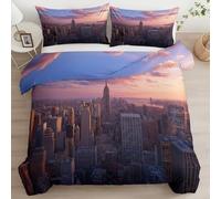 Modern City Sunset New York Printed Duvet Cover Set 200 × 200 cm, Premium Brushed Microfiber Blue Duvet Cover with Pillowcases - Ultra Soft Double Bedding Set with Metal Zipper