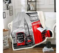 Modern Cityscape London Themed Fleece Throw Blanket for Sofa Bed Couch Retro Telephone Booth The Big Ben Print Red Grey Famous European City Room Decor Double 60"x79"