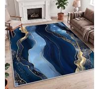 Modern Coastal Abstract Agate Geode Effect Area Rug 240 x 300 cm - Foldable Carpet, Non-Slip, Low-Pile, Easy to Clean, for Living Room, 8-12 Seater Dining Room, Super King Suite - Navy & Gold