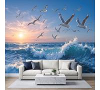 Modern Coastal Photo Mural Wallpaper 350W x 256H cm, Nature Scenery Seagull Huge Wave Sunrise Non-Woven Wall Art for Living Room Office Nursery Playroom - Tear-Resistant Teal Wallpaper Poster Decor