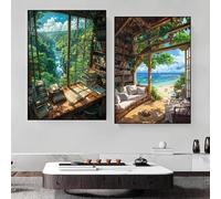 Modern Coastal Villa Beach Life Canvas Painting Cartoon Seaside Cottage Summer Scenery Wall Art Living Room Home Decor 70x110cmx2 Frameless
