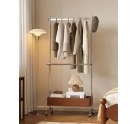 Modern Coat Rack with Storage Basket - 360° Rotating Open Wardrobe Carbon Steel Easy to Install for Bedroom/Office/Entrance Walnut Finish 82x40x177cm