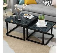 Modern Coffee Table Set of 2 Stackable Marble Effect Smooth Tempered Glass Top Living Room Sofa Tables Metal Frame 70cm & 60cm Black Design