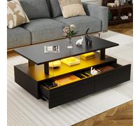 Modern Coffee Table with App-Controlled LED, 2-Drawer and Open Storage, Centre Table with USB-Powered, 100L x 50W x 42.5H cm, Black Aosom UK