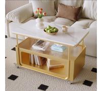 Modern Coffee Table with Sintered Stone Top and Iron Frame,Luxury Cream Rectangular Centre Table with Storage Space,Mobile Living Room Side Table on Wheels for Bedroom E,80CM
