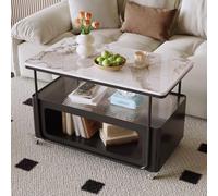Modern Coffee Table with Sintered Stone Top and Iron Frame,Luxury Cream Rectangular Centre Table with Storage Space,Mobile Living Room Side Table on Wheels for Bedroom A,80CM
