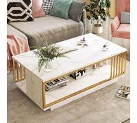 Modern Coffee Table with Storage Faux Marble Top 2 Tier Rectangle Coffee Table Black/Gold Metal Frame Living Room Center Table (Bianco 39in/100cm)