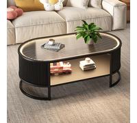 Modern Coffee Tables with Tempered Glass-Top,Small Oval Coffee Sofa Table Mid Century,Unique Accent Tea Low Table Metal frame for Living Room,Double-layer storage(Black A,85 * 45CM/33.5 * 17.7IN)