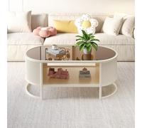 Modern Coffee Tables with Tempered Glass-Top,Small Oval Coffee Sofa Table Mid Century,Unique Accent Tea Low Table Metal frame for Living Room,Double-layer storage(White B,85 * 45CM/33.5 * 17.7IN)