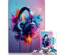 Modern Colorful Splash Headphones Jigsaw Puzzles for Teenagers,Stress Reliever Staycation Kill Time with Matching Poster And Trivia Sheet (75x50cm)