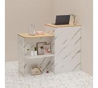 Modern Commercial Reception Desk with Lockable Drawers Multi-Tier Storage Counter Rounded Edges Easy Installation Stylish White Marble & Wood Finish Office Furniture (80x45x95cm)