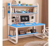 Modern Computer Desk with Bookshelf and Hutch Spacious Desktop Metal Legs Bookcase Open Storage Space Writing Study Table for Home Office (39.3x23.6x70in Blue White)
