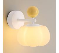 Modern Cream Wall Sconce with Pumpkin Shape PE Shade, White Bedside Wall Mount Lamp E27 Hardwired Iron Wall Light Contemporary Art Decor Lighting Fixture for Bedroom Living Room
