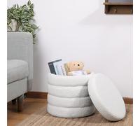 Modern Cream White Boucle Round Storage Ottoman - Tiered Ribbed Footstool with Hidden Storage Stylish Pouf for Vanity or Living Room Decor Versatile Home Furniture