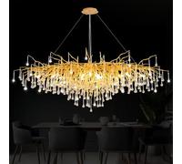 Modern Crystal Branch Chandelier - 12-Light Art Deco Linear Pendant Fixture with Raindrop Crystals Ideal for Kitchen Islands Living Rooms Foyers - Gold Finish 100cm Long