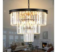 Modern Crystal Chandelier 3-Tier Luxury Ceiling Light Fixture - 20 Inch Round Black Dimmable Chandelier with 9 E14 Bulbs, K9 Prism Lighting for Dining Room Living Room Bedroom Hallway