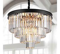 Modern Crystal Chaners 16”/40Cm Black Ceiling Pendant Light Fixture 3 Tiers Dimmable Flush Mount Chaners Round Raindrop for Living Room Dining Room Foyer Kitchen Entry