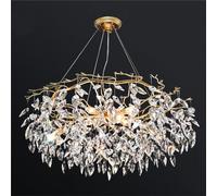 Modern Crystal Tree Branch Chandelier, D80CM Gold Round Raindrop Indoor Hanging Pendant Light Fixture for Dining Room Living Room Bedroom 8 Lights