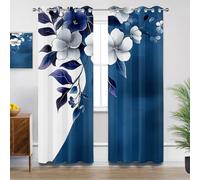 Modern Curtains for Bedroom, Navy Blue White Flower Leaves Blackout Thermal Insulated Eyelet Curtains for Living Room, W66 X D72, 2 Panels Drapes Room Decor
