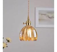 Modern d Glass Pendant Light - Adjustable 1-Light Chaner for Kitchen Island, Nordic Brass Socket, Long Hanging Ceiling Lamp with Rotary Switch (Amber Color)