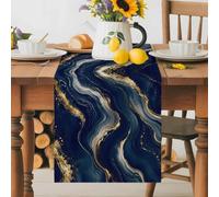 Modern Dark Blue Fluid Art Table Runner 36 Inches Long, Gold Line Marble Texture Washable Table Runners Heat-Insulation Kitchen Dining Table Decorations for Home Party Decor 13x36in
