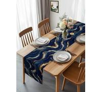 Modern Dark Blue Fluid Art Table Runner 90 Inches Long, Gold Line Marble Texture Washable Table Runners Heat-Insulation Kitchen Dining Table Decorations for Home Party Decor 13x90in