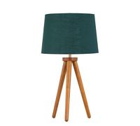 Modern Dark Oak Table Lamp or Bedside Light, Wood Tripod Design, Green and Gold Inner Shade
