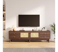 Modern Dark Wood Effect TV Cabinet 180cm with Rattan Doors 4 Drawer Storage Hydraulic Hinges Fits Up to 80-Inch TVs - Stylish Living Room Furniture.
