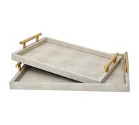 Modern Decorative Tray Set of 2 Ivory Shagreen Leather and Wood Serving Tray with Gold Polished Metal Handles for Ottoman, Coffee Table, Bathroom and More