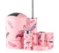 JOTOM Modern Design 6 Piece Plastic Bathroom Accessory Set Luxury Bath Accessories Bath Set Lotion Bottles,Toothbrush Holder,Tooth Mug,Soap Dish,Toilet Brush,Rubbish (Flamingo)