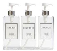 Modern Design Large 27 oz Shampoo and Conditioner Dispensers - Empty Plastic Refillable Pump Bottle Set for Bathroom Shower Soap Dispenser, Set of 3 (Clear & Silver)