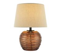 Modern Designer Amber Swirl Ribbed Glass Table Lamp with Oatmeal Beige Linen Fabric Shade | 1 x E14 7w Maximum | 31cm Height by Happy Homewares