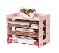 Modern Desktop Magazine Organizer, Multi - Tier File Sorter with Large Capacity, Sturdy Wooden Display Rack for Office Bedside Desk, Holds Laptop Documents Cosmetics (Pink)