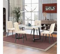 Modern Dining Set with 4 Velvet Chairs Rectangular MDF Marble-Effect Table Metal Legs Space-Saving Kitchen Table for Dining Room or Living Room