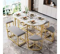 Modern Dining Table and Chairs Set with 4 Small Stools and 2 Large Stools and , Gold Iron Frame, Load Capacity 120 kg, 140×70×76 cm, Gold Aosom UK