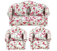 Modern Doll Couch Set | Chic Floral Pattern Armchair & Pillow in Wooden Fabric Frame - Great Fairy Garden Decor for Miniature Living Rooms