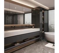 Modern Double Sink Bathroom Wall Mounted with Smart Anti Fog Mirror Rock Slate Countertop & One Piece Sink Slish Sto Ders Open Shelves Grey 88"