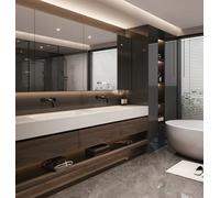 Modern Double Sink for Bathroom 88" Wall Mounted with Smart Anti Fog Mirror Rock Slate Countertop One Piece Sink Walnut h Slish Sto Ders & Open Shelves